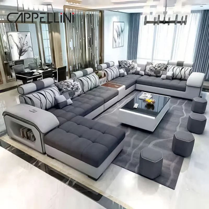 Lüks U şekli ev oturma odası kanepe Set mobilya gri mikrofiber kumaş salonu kanepe köşe kesit Modern modüler kanepe