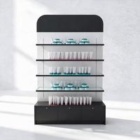 Présentoir cosmétique LED noir et blanc contrastant en promotion, étagères asymétriques, support de maquillage avec meuble bas