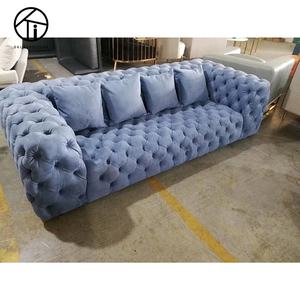High Quality Elegant Modern Home Furniture Blue <strong>Velvet</strong> Chesterfield <strong>Sofa</strong> Set with Wood Frame Square Design for Living Room - Product Image 4