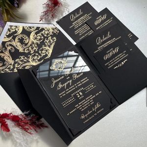 Kit de papeterie de luxe moderne en papier couché noir avec motif floral doré et QR RSVP pour la Saint-Valentin - Product Image 4