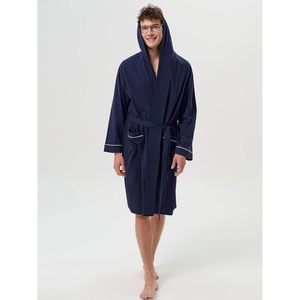 Albornoz de felpa para hombre con capucha, de algodón, hasta la rodilla, para spa o ducha, con bolsillos, suave, de manga larga - Product Image 2