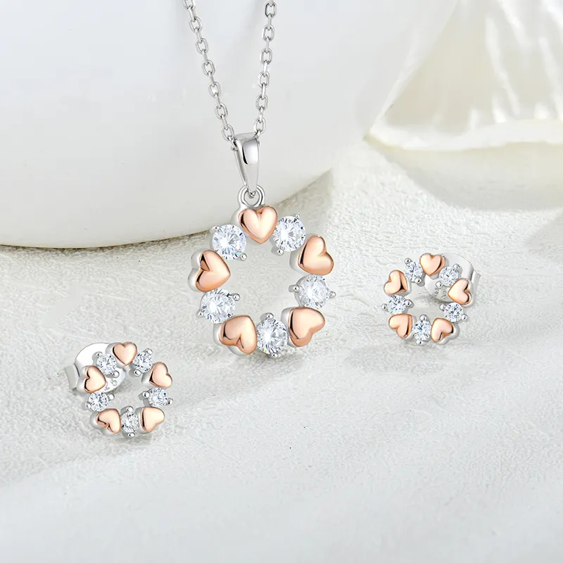 Fashion jewelry set 925 sterling silver necklace and earrings gold plated heart geometric round zirconia jewelry set