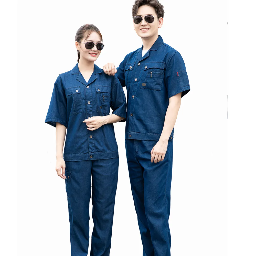 Mùa Hè Ngắn Tay Áo Jeans Làm Việc Quần Áo Cao Bồi Làm Việc Quần Áo Với Khóa Lao Động Phù Hợp Với Denim Xây Dựng Quần yếm