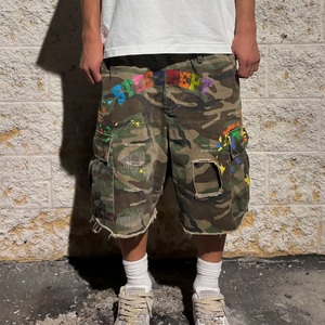 Manufacturer Custom Utility Pocket Camo Distressed Cargo Jeans Raw Edge Camo Men Cargo Pants Shorts Denim