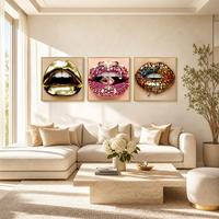 Art mural moderne en porcelaine cristalline encadré de MDF doré en 3 parties, triptyque de luxe Pop Art Lèvres Sexy, impression sur toile pour salon