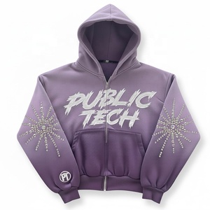 Sweat à capuche zippé pour homme, coupe ample, effet délavé à l'acide vintage, poids lourd 500 g/m², avec strass, fabrication sur mesure de haute qualité - Product Image 1