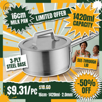 Casserole moderne en acier composite à trois couches de 16 cm en acier inoxydable avec couvercle en verre au design classique. Compatible avec l'induction.