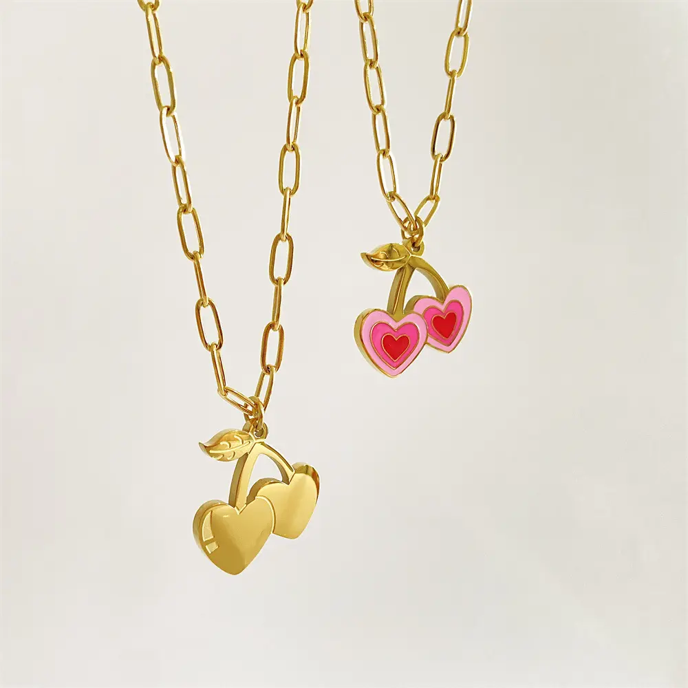 Custom Pink Heart Enamel Cherry Pendant Necklace Toggle Fruit Choker Stainless Steel 18k Pvd Gold Plating Necklaces For Women