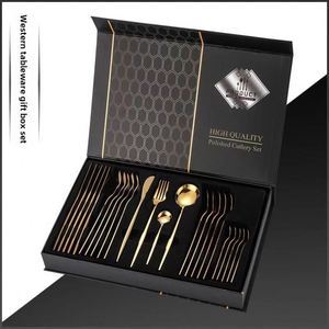 Gold Spoon and Fork Stainless Steel Eco-friendly Light Luxury Retro Cutlery Set Mirror Polish 24PCS with <b>Gift</b> Box for Wedding - Product Image 2