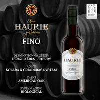 Vino Sherry FINO HAURIE Hecho en España, 750 ml, Muy Brillante y Transparente, Sherry Biológico Añejado, Vino Fortificado
