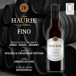 ผลิตในสเปน FINO HAURIE ไวน์เชอร์รี่ 750 มล. สีสันสดใสและใสบริสุทธิ์ ไวน์เชอร์รี่บ่มแบบชีวภาพ เสริมแอลกอฮอล์ - Product Image 1