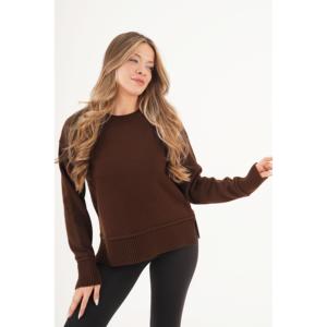 Pull long décontracté pour femme, de haute qualité, à détails côtelés, avec fente, imprimé café, taille XS, pour l'hiver et le printemps - Product Image 4