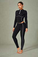Veste de sport pour femme OEM HUCAI, taille plus, col montant, fermeture éclair intégrale, coutures contrastées blanches, fitness, gym, course à pied, yoga