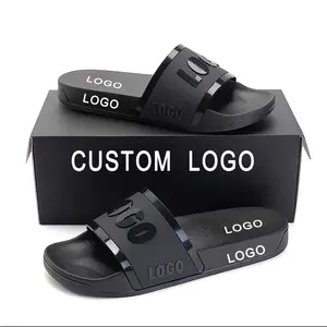 Sandalias de goma con logotipo personalizado para hombre, chanclas planas de color negro, de último diseño, venta al por mayor