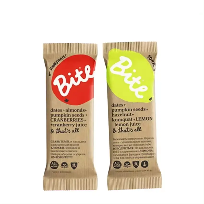 Bolsa de papel de chocolate con estampado personalizado Heal Seal de grado alimenticio lado trasero sellado Paquete de aperitivos envoltorio de barra de energía