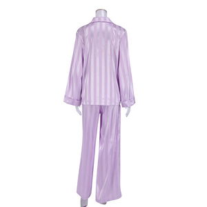Pyjama d'été uni à rayures, manches longues, pantalon en soie tendance, ensemble deux pièces pour femme, tenue d'intérieur - Product Image 4