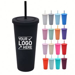 Custom Logo 16oz 24oz BPA Free Double Wall <b>Matte</b> <b>Rubber</b> Finish Tumbler Promotional Gift Plastic Coffee Mug with Straw and Lid - Product Image 1