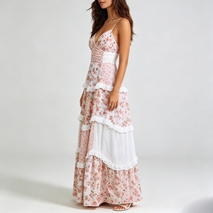 Robe longue rose florale personnalisée à bretelles spaghetti, à volants superposés, élégante, pour l'été, pour <span class=keywords><strong>femme</strong></span>, idéale pour demoiselle d'honneur, tenue de soirée, style afghan - Product Image 2