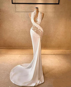 Lujo blanco real Dubai satén sirena vestido de baile elegante cristal vestido de graduación sin espalda con cordones Floral volante para fiestas reales - Product Image 6