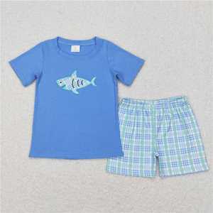 Vêtements pour enfants en gros : Ensemble barboteuse et short à carreaux avec applique requin pour bébé garçon - Product Image 2