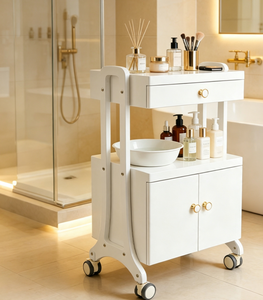 Chariot de rangement roulant blanc pour salon de beauté, spa et clinique, avec tiroir et armoire - Product Image 4