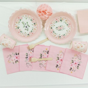จานกระดาษลายดอกไม้ DAMAI ชุดพรีเมียมสำหรับงานเลี้ยงวันเกิดเด็ก งานเลี้ยงน้ำชา รูปทรงดอกไม้ สีชมพู พร้อมถ้วยและผ้าเช็ดปาก - Product Image 2