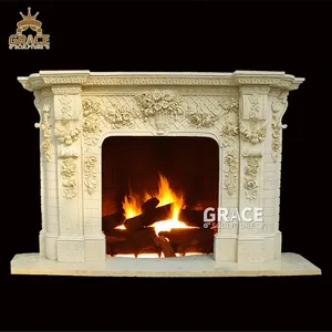 家居装饰全手雕刻石材米色大理石壁炉壁炉架环绕