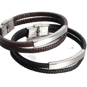 Black Magnetic Clasp Stainless Steel genuine leather brazalete de hombre mens bracelets luxury jewelry leather bracelets for men