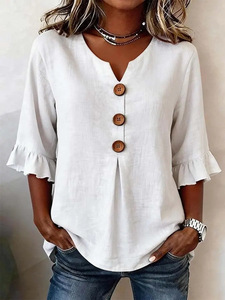 Blusa <span class=keywords><strong>de</strong></span> Lino y Algodón con Cuello en V para Mujer, Estilo Europeo y Americano, Nueva Colección <span class=keywords><strong>de</strong></span> Verano, Venta al Por Mayor - Product Image 3