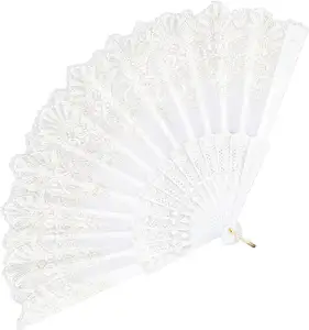 Spanish Folding White Hand Fan Wedding Traditional Retro Pattern Fabric Plastic Frame for Wedding Dancing Party