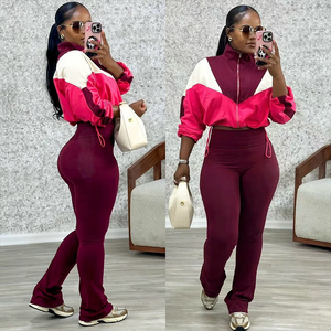 Conjuntos a juego con logotipo personalizado, conjunto de dos piezas con parte superior de bloque de color, ropa de mujer, ropa deportiva, mallas acampanadas, conjuntos de entrenamiento para mujer - Product Image 2
