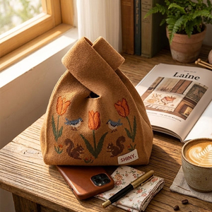Sac de poignet tricoté haut de gamme SHINY couleur personnalisée, <span class=keywords><strong>petit</strong></span> sac fourre-tout à nœud japonais avec étiquette tissée pour femme, usage quotidien, solution tout-en-un - Product Image 4