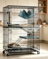 Cage pliable pour chat noir avec roulettes, griffoir intégré, hamac suspendu, coussins doux, rampe d'escalade, structure en fer