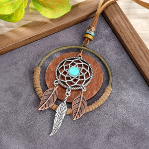Collar con Pluma de Atrapasueños, Aleación de Cobre, Piedra Turquesa, Unisex, Regalo, Joyería, Diseño Circular, Hecho a Mano, Accesorio de Moda - Product Image 2
