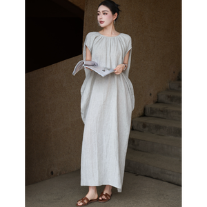 Vestido de Verano para Mujer, Estilo Vacacional, Cuello en V, Manga Corta, Elegante, Holgado, Largo, Mezcla de Lino y Poliéster, Estilo Swing, Casual - Product Image 6