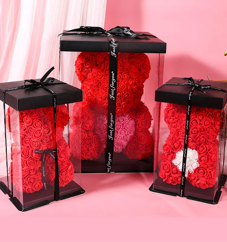 25cm 40cm 70cm 빨간색 Pe 거품 인공 보존 꽃 장미 곰 발렌타인 데이 선물 테디 장미 곰 상자 선물