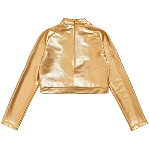 Haut court de performance pour femme, coupe ajustée, à manches longues et col montant, en tissu métallisé liquide, style cyberpunk futuriste, avec logo personnalisé - Product Image 4