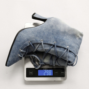 Large Size 48 Denim Front Lace up Trendy Short Booties Low Heels Mid-Calf Boots for Women Pointy Toe Wide Fit Jeans <b>Shoes</b> - Product Image 6