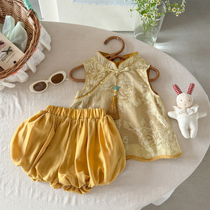 Chinese Style Jacquard Vest Hanfu Set Baby Girls Summer Breathable Shorts Two Piece Outfit - Product Image 1