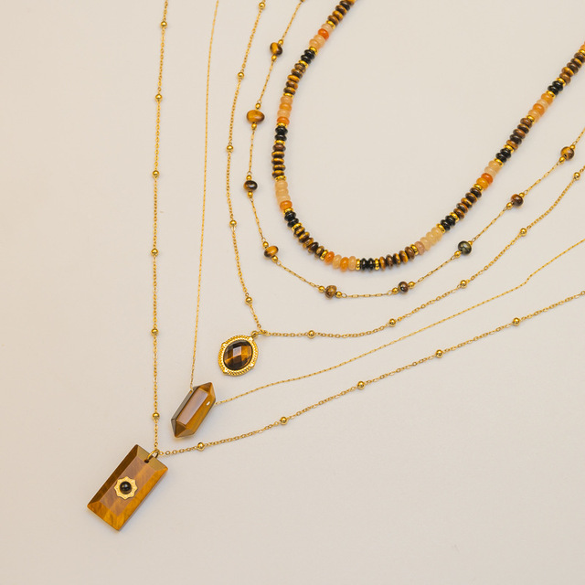Premium Vintage Semi-Precious Natural Stone Multi-Cut Diamond Pendant Necklace Link Tiger Eye Gold-Color Plated Stainless Steel