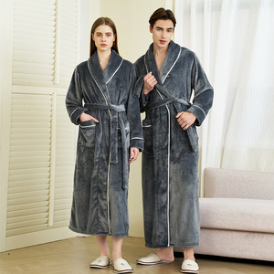 Autunno inverno Extra Large flanella <span class=keywords><strong>accappatoio</strong></span> per coppie da donna e da <span class=keywords><strong>uomo</strong></span> con coulisse lungo foderato in pile - Product Image 3