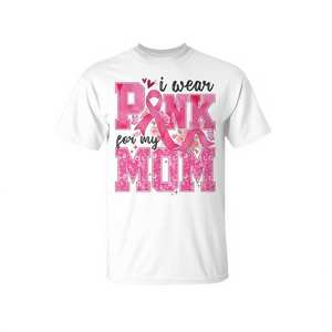 Camiseta de concienciación sobre el cáncer de mama para niñas, con estampado digital, manga corta y cuello redondo, con la frase 'I Wear Pink For My Mom' - Product Image 2