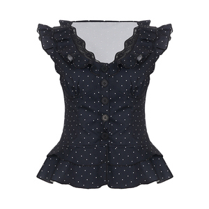 Blusa Casual de Manga Corta para Mujer, Tejida, Ecológica, Transpirable, con Estampado de Lunares, Bloques de Color, Encaje, Parches y Botones, Top de Verano - Product Image 6