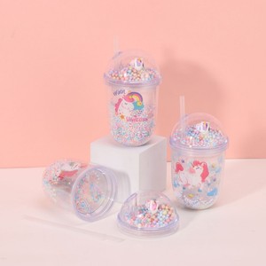450ml Magic Unicorn Rainbow Star Print Double Wall Clear Plastic Tumbler with Straw Dome Lid Pastel Foam Pom Pom Beads - Product Image 6