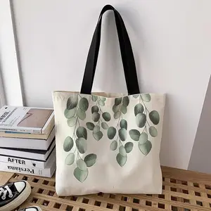 Tas tote kanvas tas katun cetak kustom kapasitas besar grosir dengan ritsleting dan tas dalam