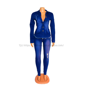 Conjunto de dos piezas de mezclilla lavada de moda, casual, de manga larga, con cuello vuelto y corte ajustado - Product Image 5