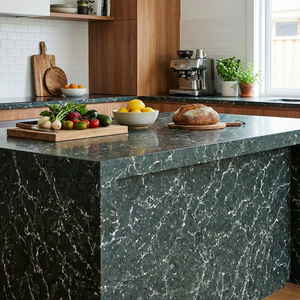 Encimera de Cuarzo de Ingeniería con Vetas Blancas y Verde Esmeralda Personalizada para Recepción de Hotel Moderno, Encimera de Cocina - Product Image 1