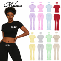 Ensemble deux pièces pour femmes avec t-shirt à manches courtes à logo personnalisé et pantalon à ourlet évasé, coupe régulière, sport décontracté, printemps/été, spandex/coton