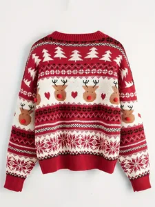 カスタムFNJIAレディースジャカードレッドカラークリスマスニットスタイル厚手の長袖特大プルオーバージャンパーニットセーター