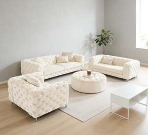 Ensemble de canapés en bouclette crème - 4 pièces, mobilier de salon pour hall d'hôtel (3/<span class=keywords><strong>2</strong></span> <span class=keywords><strong>places</strong></span> + fauteuil + pouf), canapé de luxe - Product Image 5